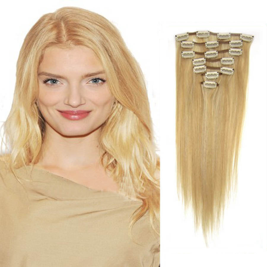 18 Inch #27/613 Blonde Highlight Clip In Remy Human Hair Extensions 7pcs