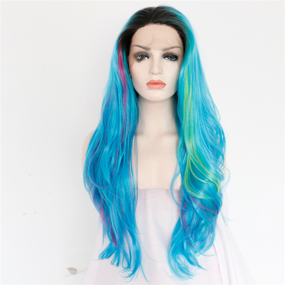 Colorful Ombre Blue Green Purple Body Wave Front Lace Wig