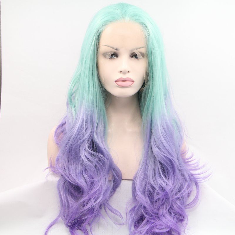 Handmade Wave Green To Purple Ombre Lace Front Wig