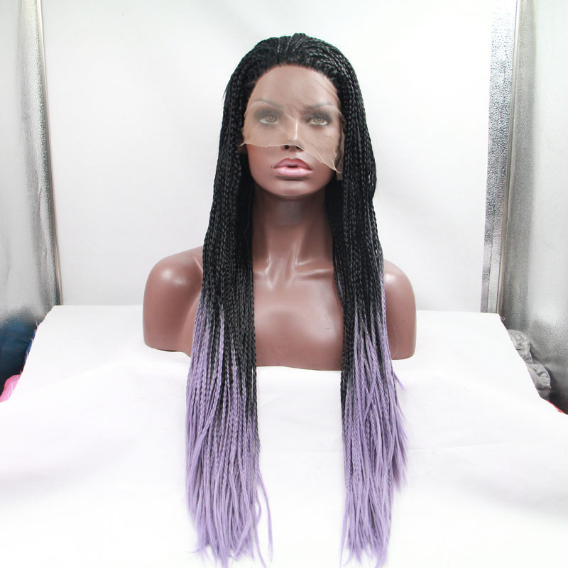 Long Black Mixed Purple Braided Straight Lace Front Wig