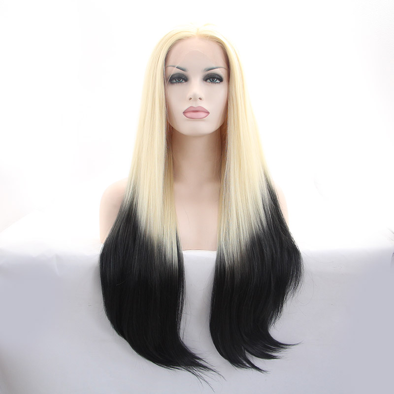 New Arrival Straight Blonde To Black Ombre Synthetic Lace Front Wig
