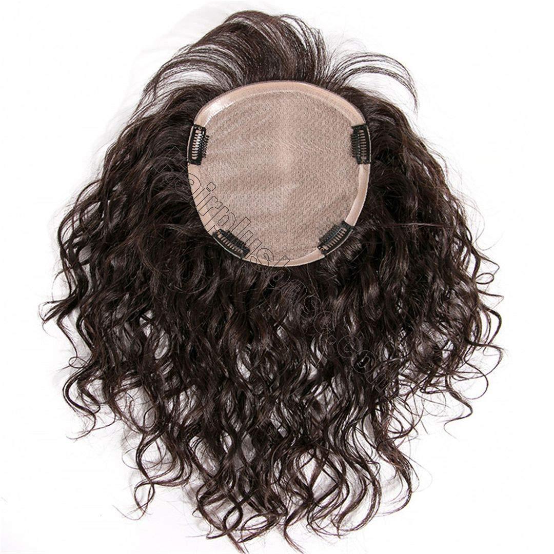 Curly Human Hair Topper Hairpiece With Bangs For Women Silk Base Crown 